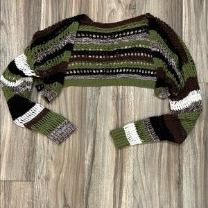 Striped Open-Knit Cropped Sweater in Olive, Brown & Black